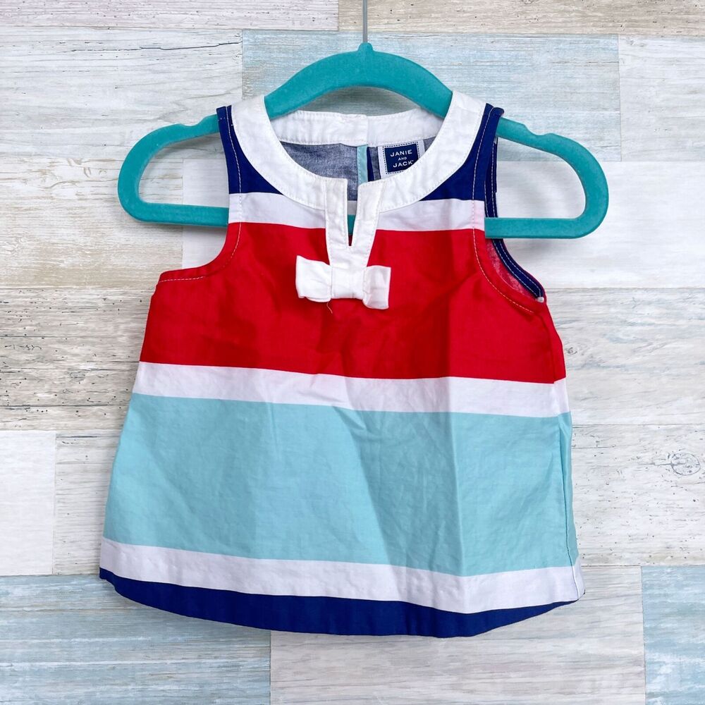 Janie & Jack Striped Split Neck Top Blue Red White Bow Baby Girl 6-12 Month
